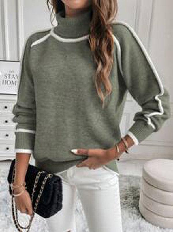 Pull Col Montant Contrasté Femme - Élégant & Confortable