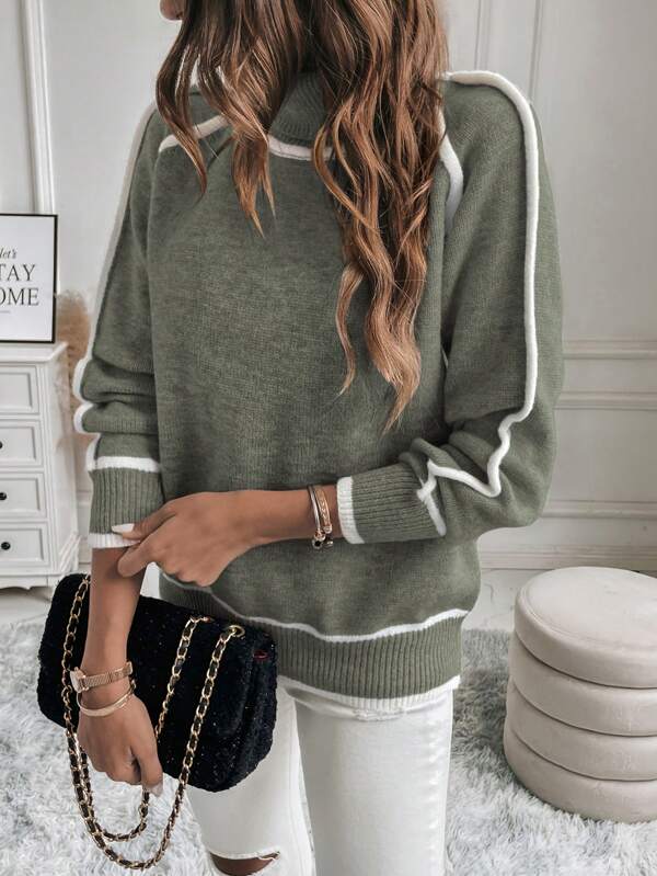 Pull Col Montant Contrasté Femme - Élégant & Confortable