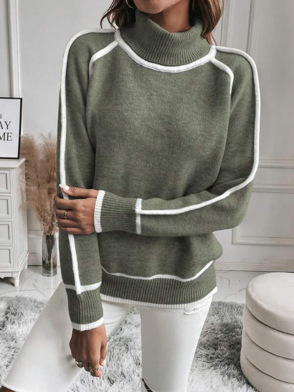 Pull Col Montant Contrasté Femme - Élégant & Confortable