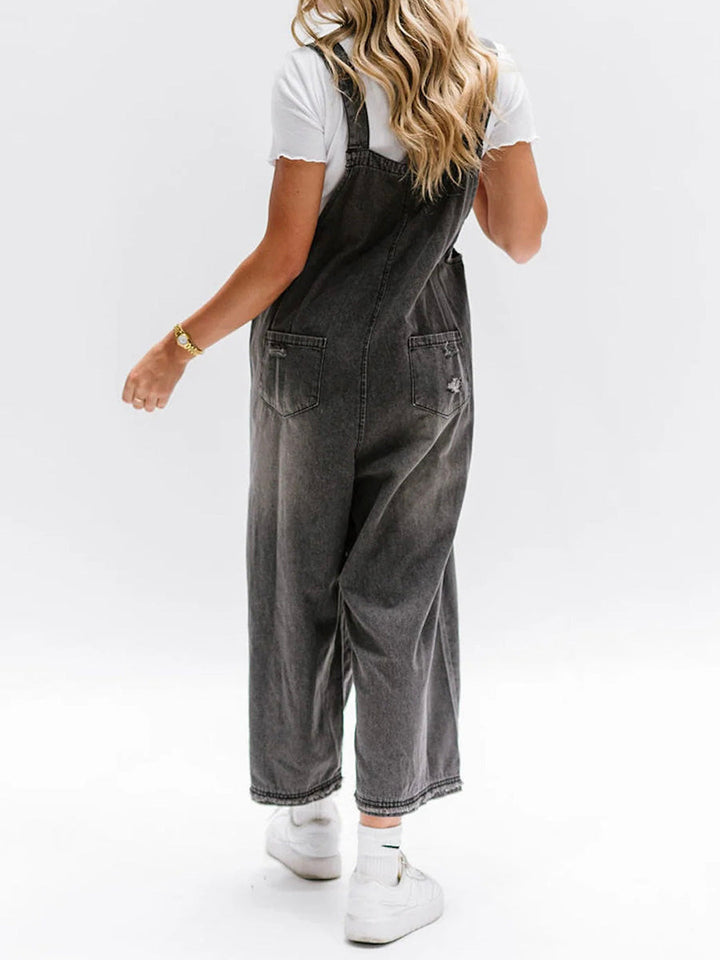 Salopette Large Jean Effet Usé - Confortable Style Décontracté Vintage