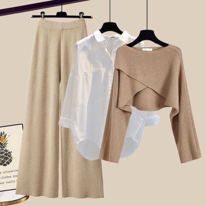 Ensemble 3 Pièces Chic : Pantalon, Chemise & Pull Polyvalents
