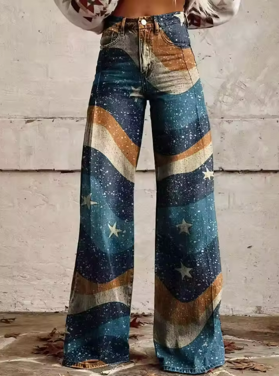 Looksy Pantalon Évasé Bohème : Imprimé Rétro Chic & Silhouette Longue
