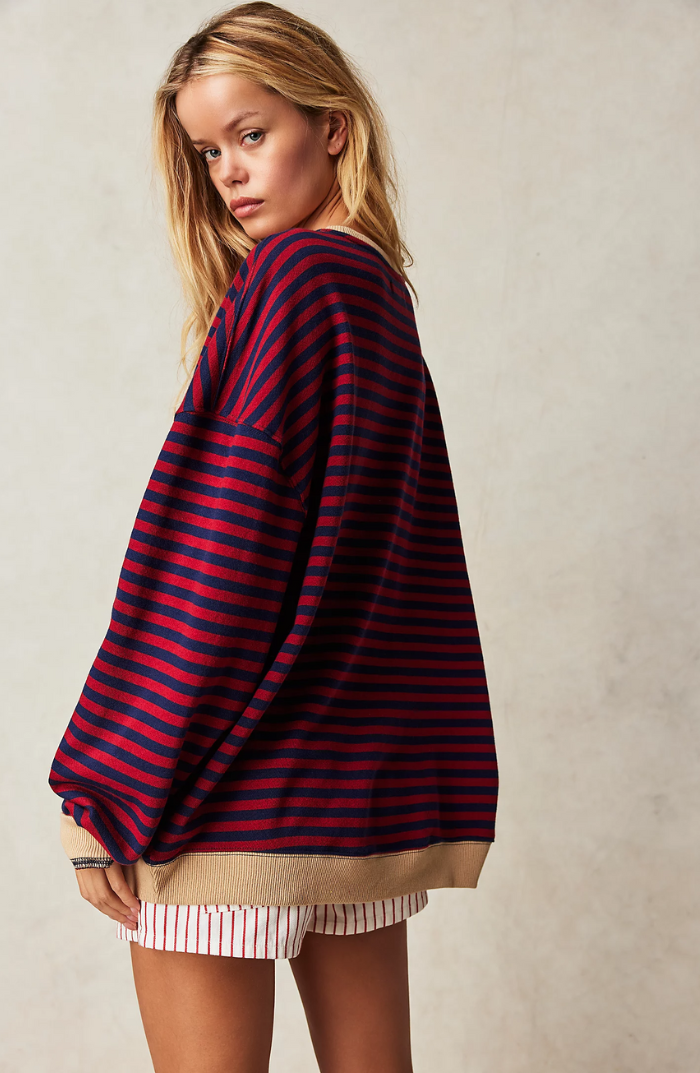 Sweat Oversize Rayé Bleu Blanc - Confortable, Style Décontracté Tendance
