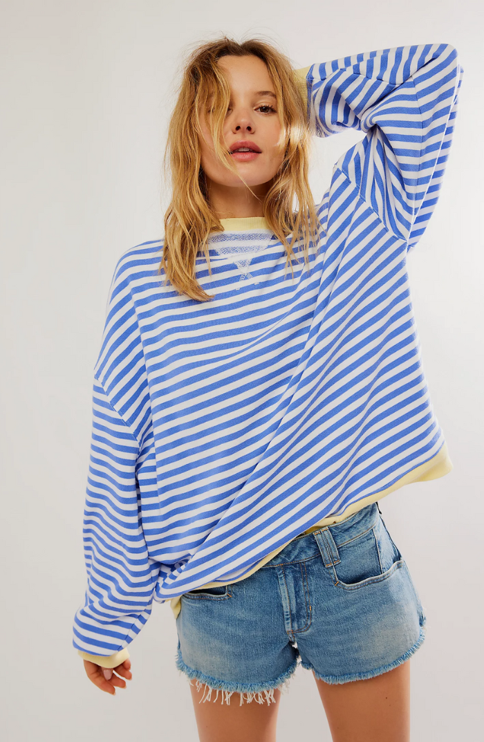 Sweat Oversize Rayé Bleu Blanc - Confortable, Style Décontracté Tendance