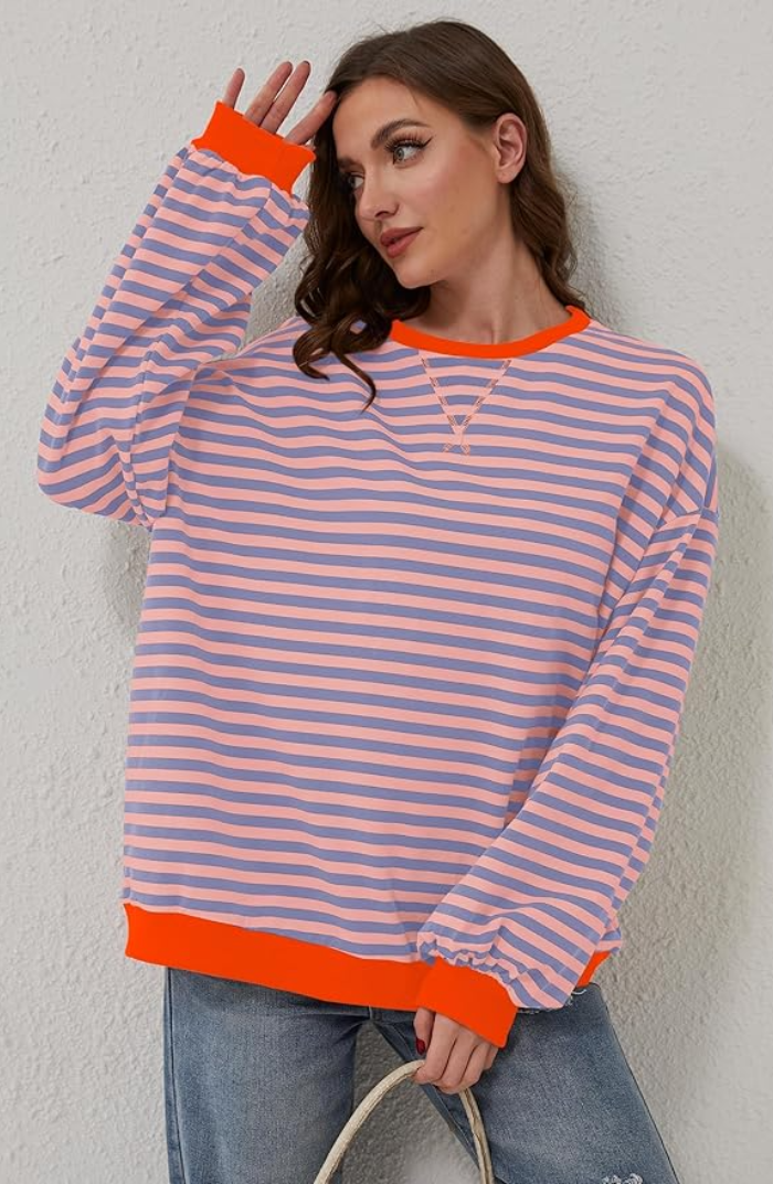 Sweat Oversize Rayé Bleu Blanc - Confortable, Style Décontracté Tendance