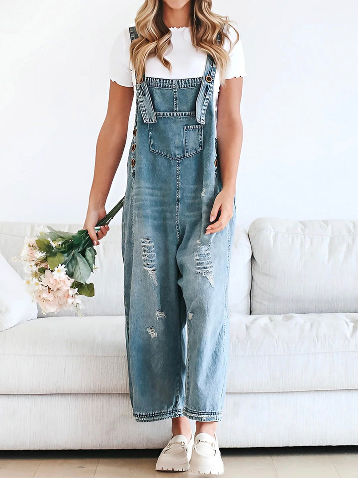 Salopette Large Jean Effet Usé - Confortable Style Décontracté Vintage