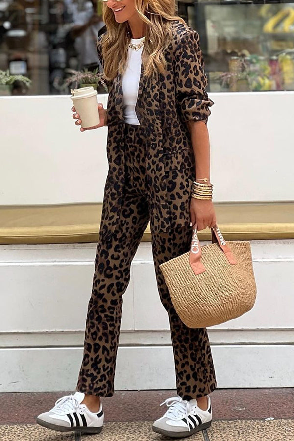 Ensemble Blazer Pantalon Léopard Femme Chic Élégant Confort