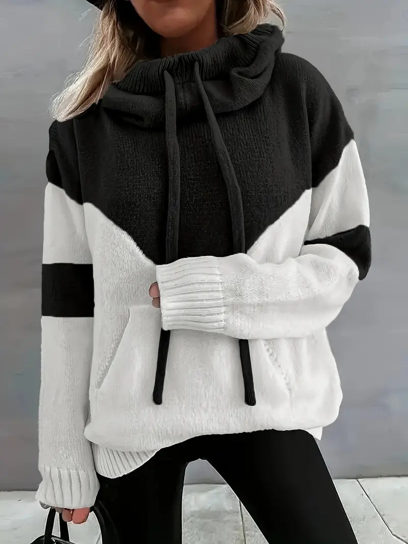Pull Col Montant Femme Maille Douce Chaud Hiver Bicolore