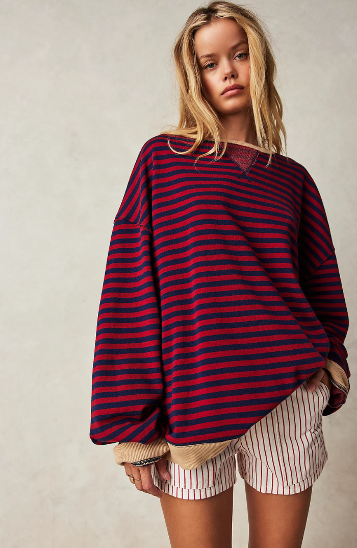Sweat Oversize Rayé Bleu Blanc - Confortable, Style Décontracté Tendance