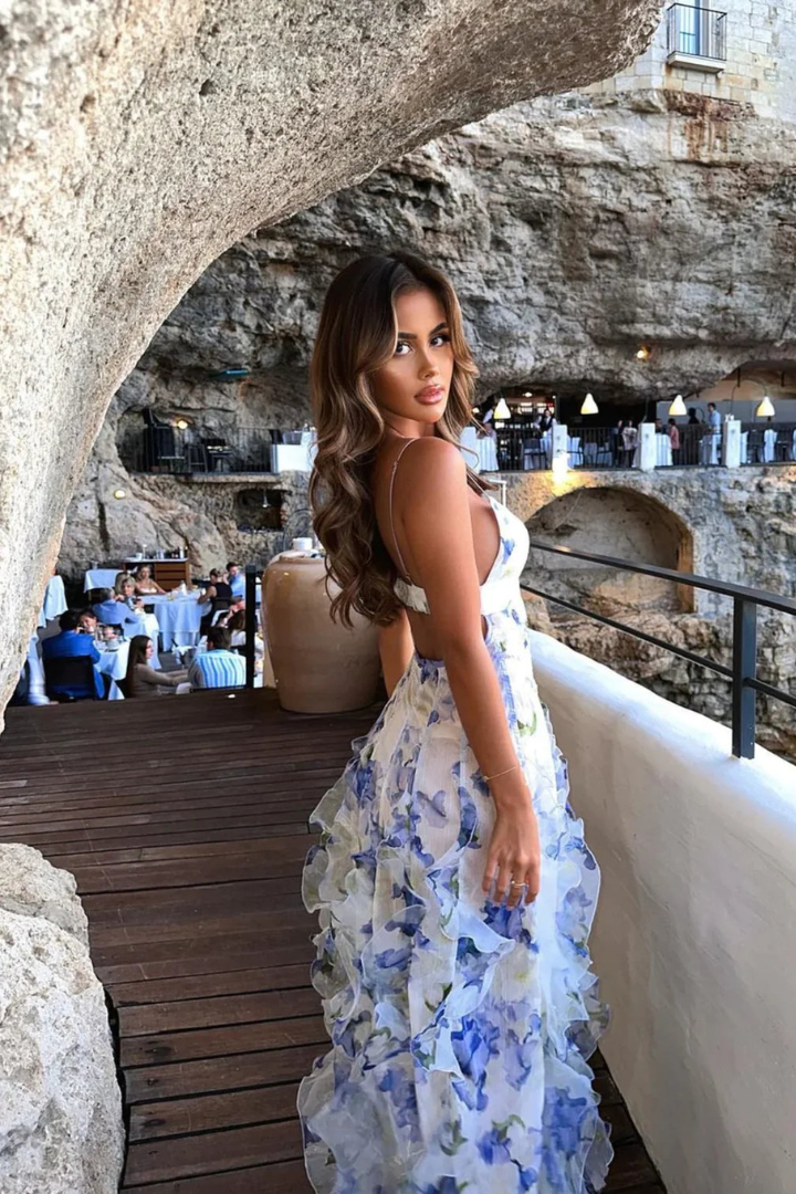 Robe Longue Fleurs Volants Soirée Romantique