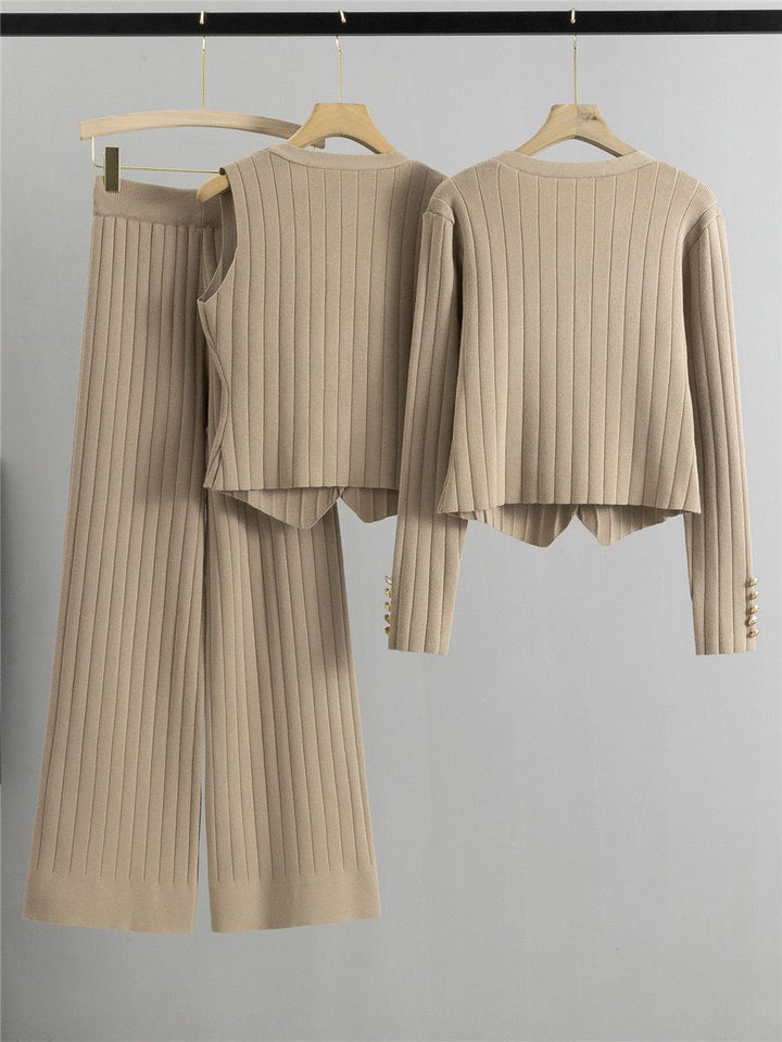 Ensemble Tricot Femme 3 Pièces Beige Maille Côtelée - Pantalon Large Chic