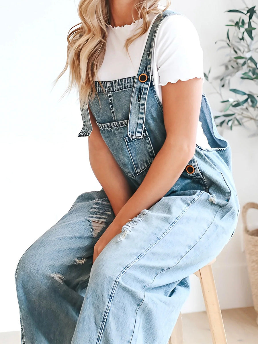 Salopette Large Jean Effet Usé - Confortable Style Décontracté Vintage