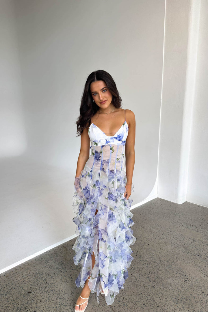 Robe Longue Fleurs Volants Soirée Romantique