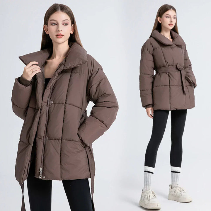 Doudoune Hiver Ceinturée Femme : Col Haut, Chaude & Élégante
