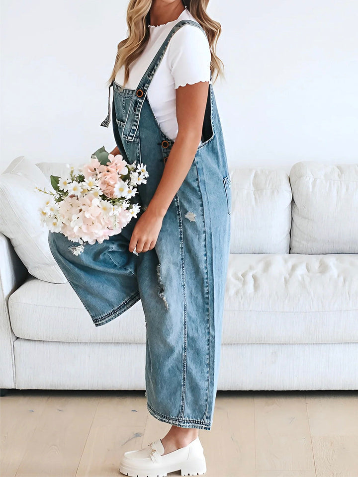 Salopette Large Jean Effet Usé - Confortable Style Décontracté Vintage