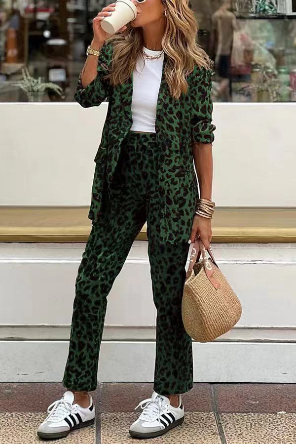 Ensemble Blazer Pantalon Léopard Femme Chic Élégant Confort