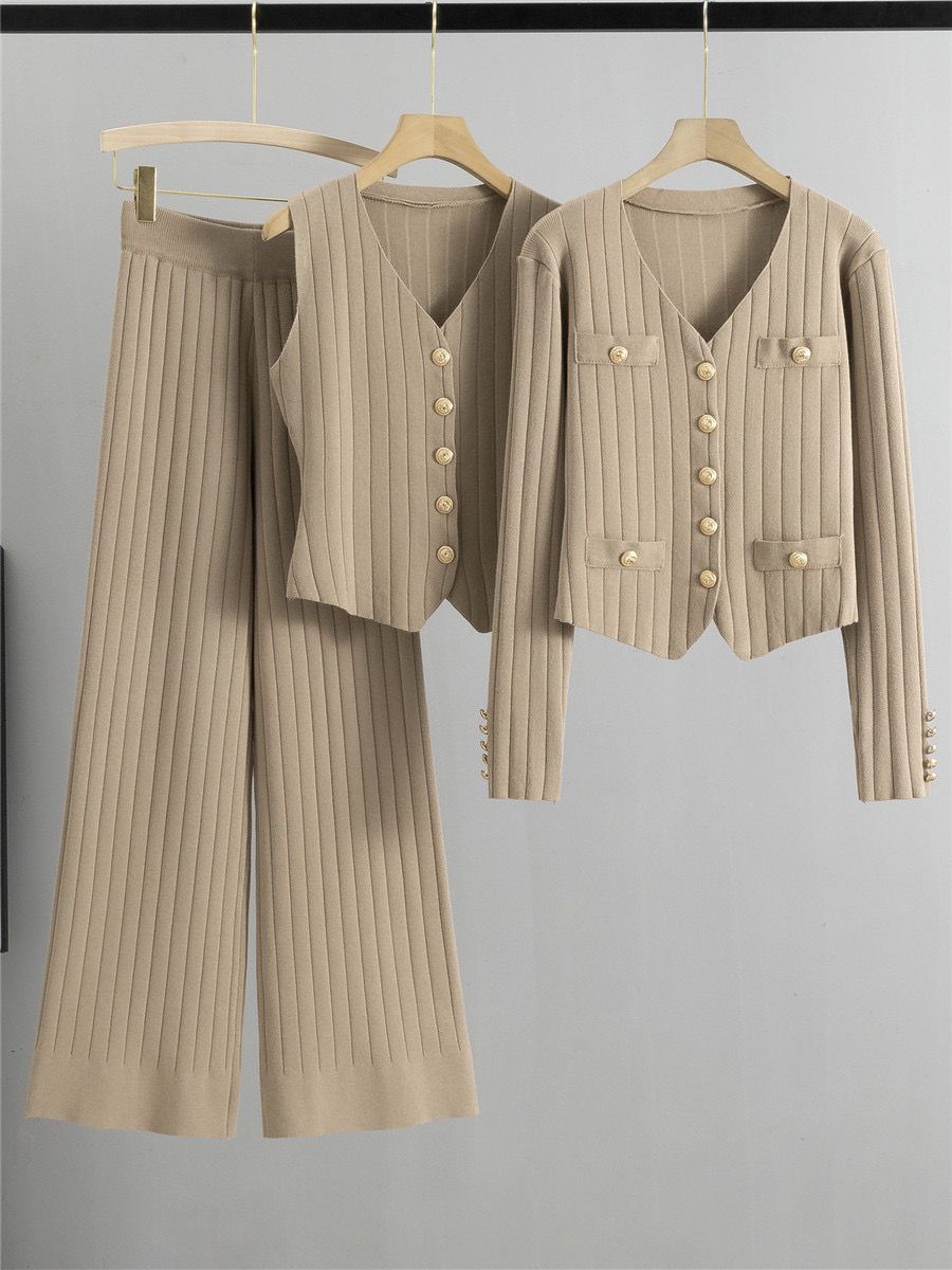 Ensemble Tricot Femme 3 Pièces Beige Maille Côtelée - Pantalon Large Chic