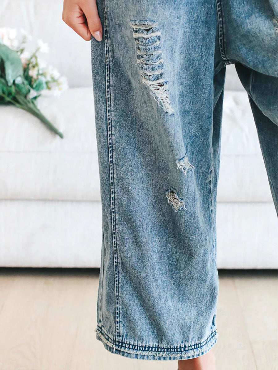 Salopette Large Jean Effet Usé - Confortable Style Décontracté Vintage