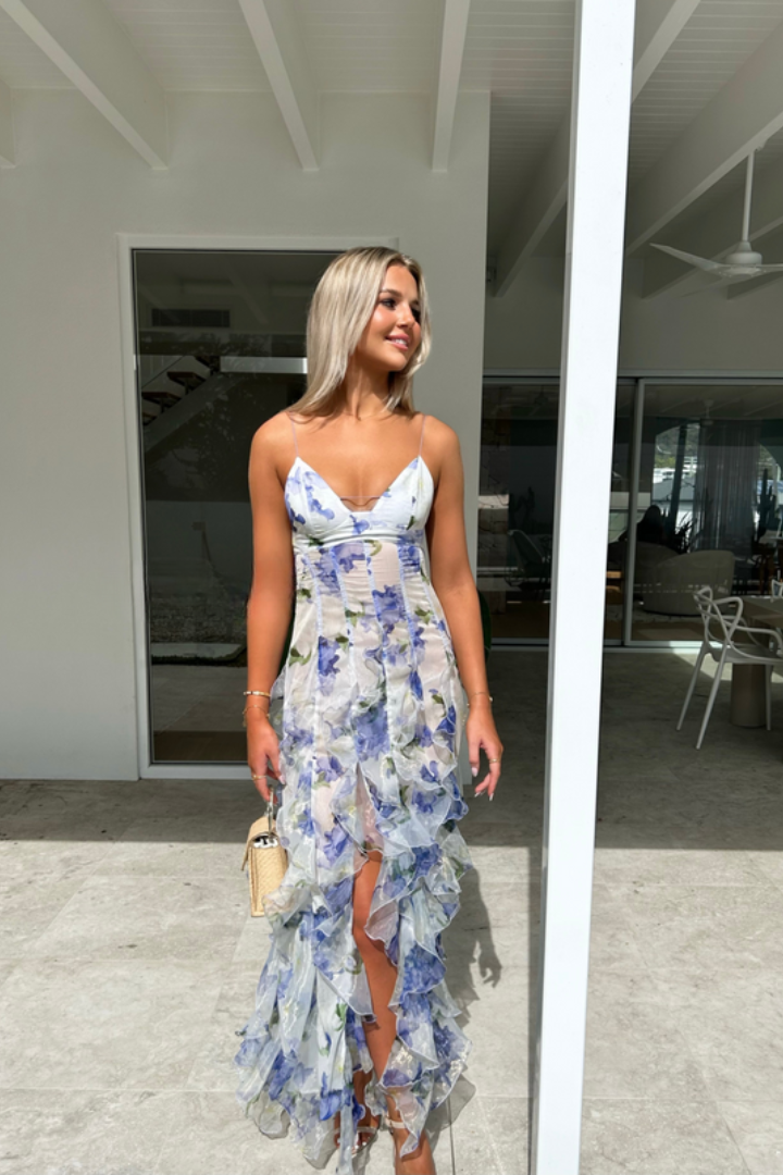 Robe Longue Fleurs Volants Soirée Romantique
