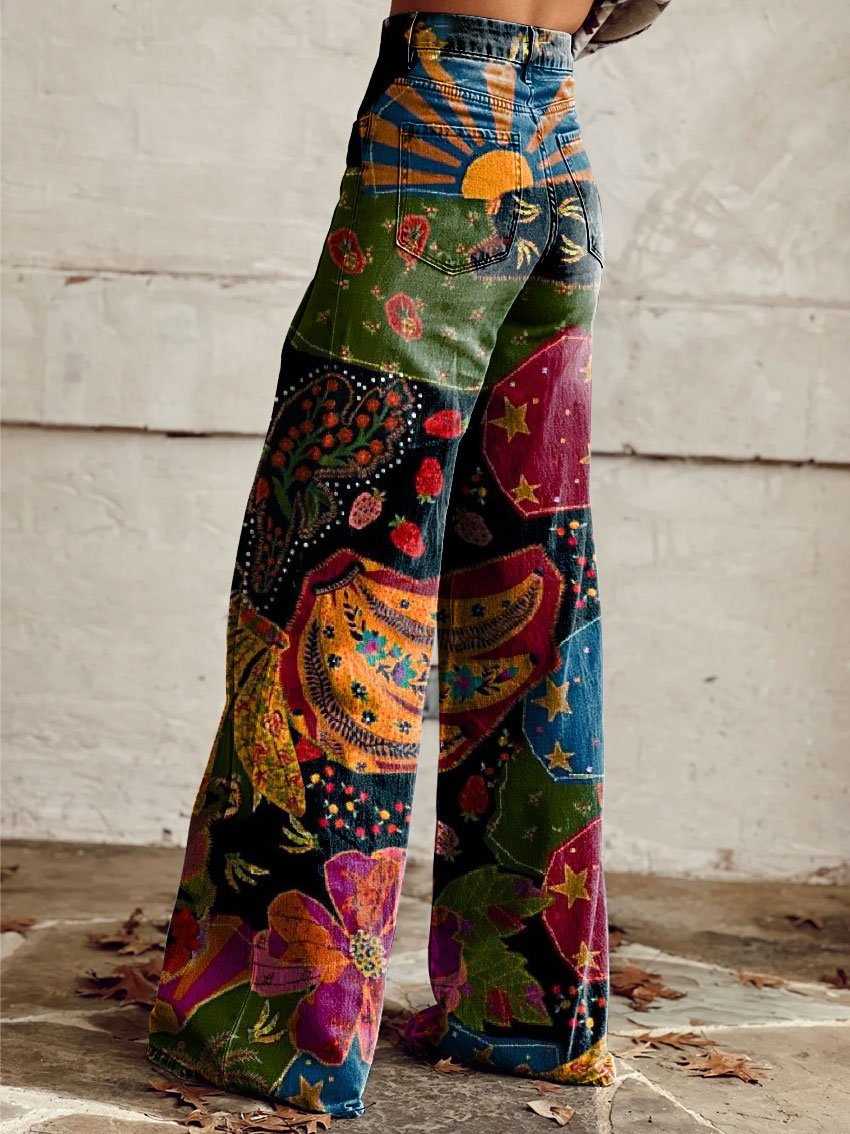 Looksy Pantalon Large Bohème Couleurs Vives Confort 70s