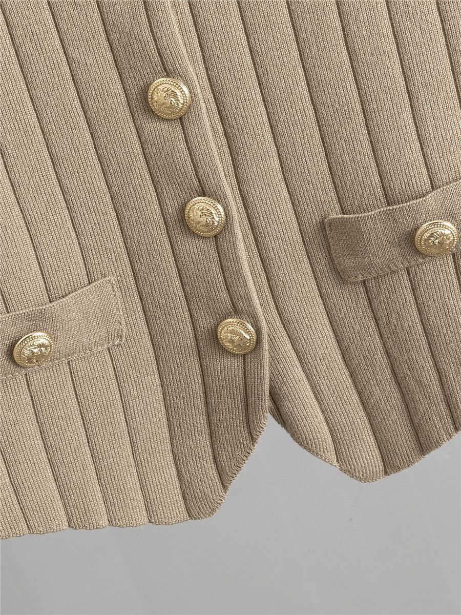 Ensemble Tricot Femme 3 Pièces Beige Maille Côtelée - Pantalon Large Chic