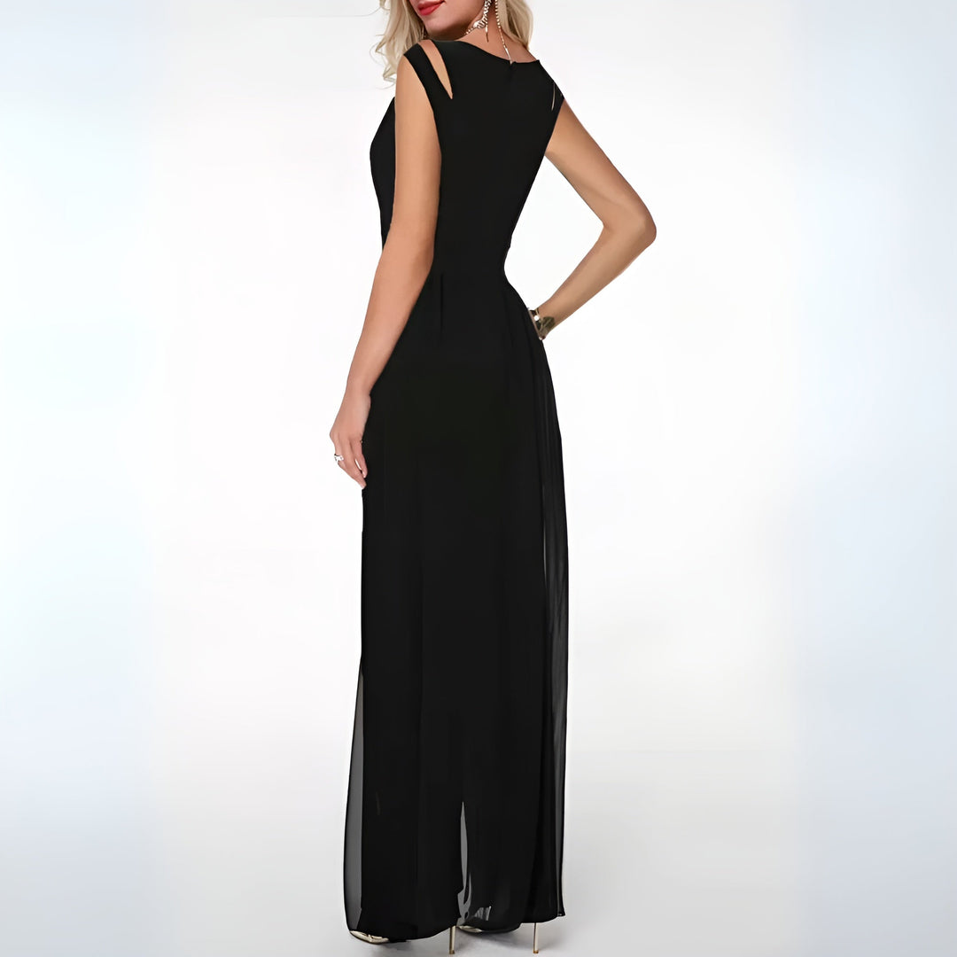Combinaison Jambes Voilées Noire - Élégante Sophistiquée Soirée Gala