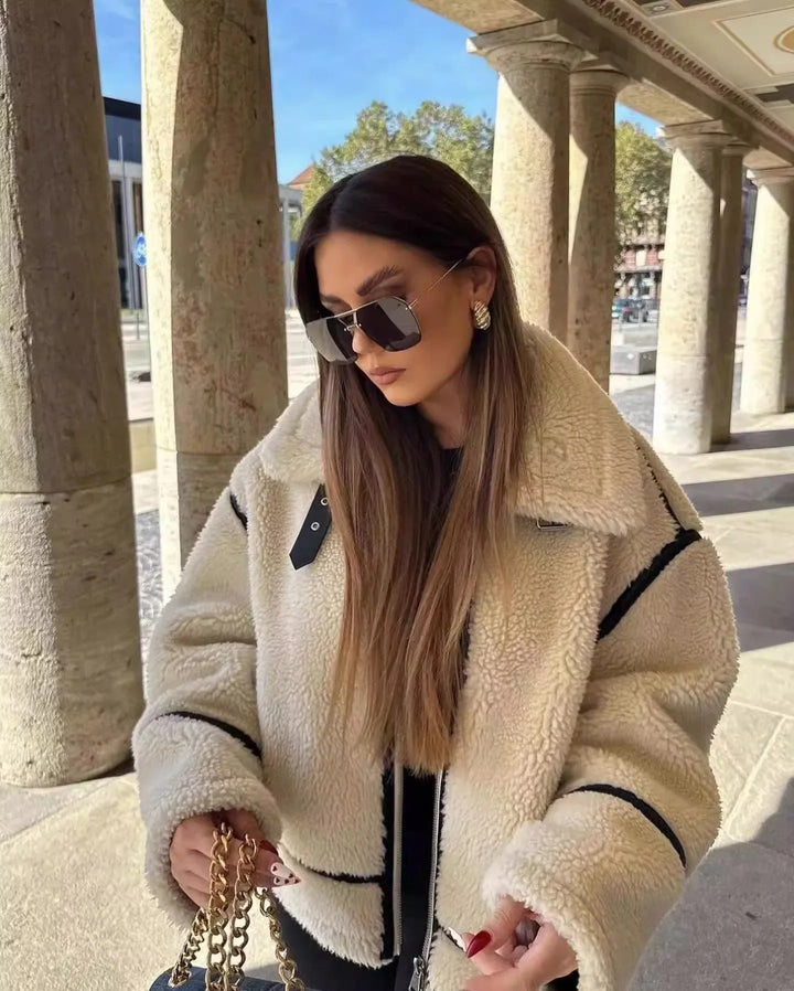 Veste Aviateur Femme Effet Mouton Beige - Doublure Chaude Style Rétro