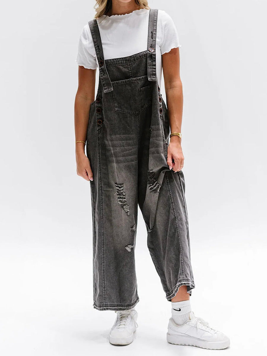 Salopette Large Jean Effet Usé - Confortable Style Décontracté Vintage