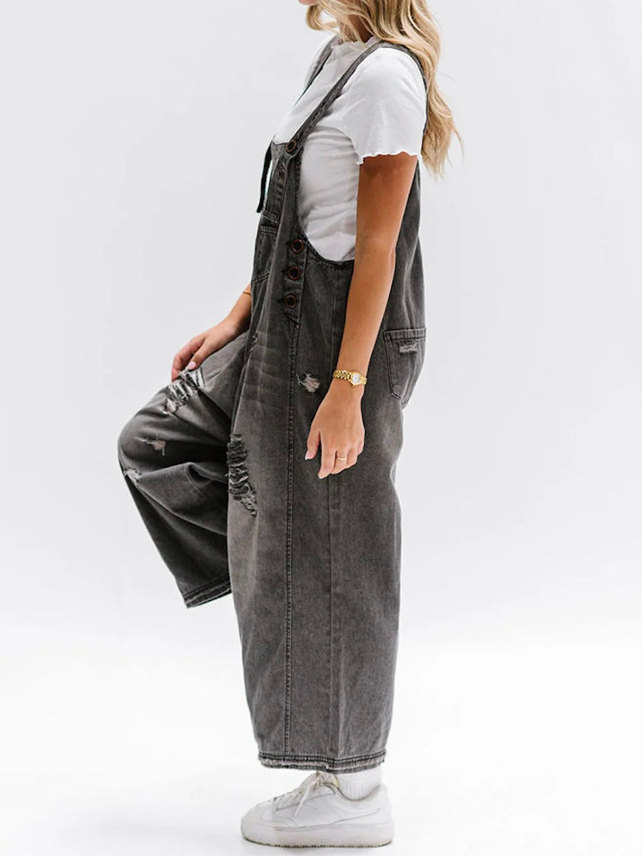Salopette Large Jean Effet Usé - Confortable Style Décontracté Vintage