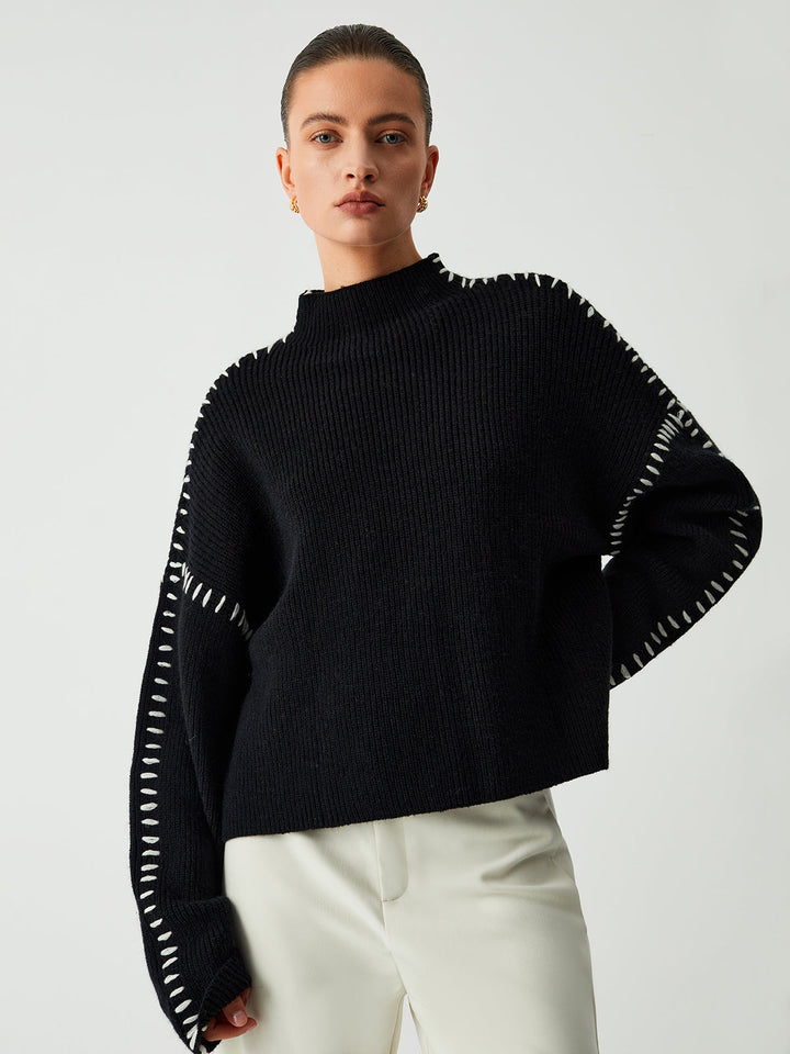 Pull Oversize Femme Col Montant Beige Détails Contrastés - Chaud et Chic