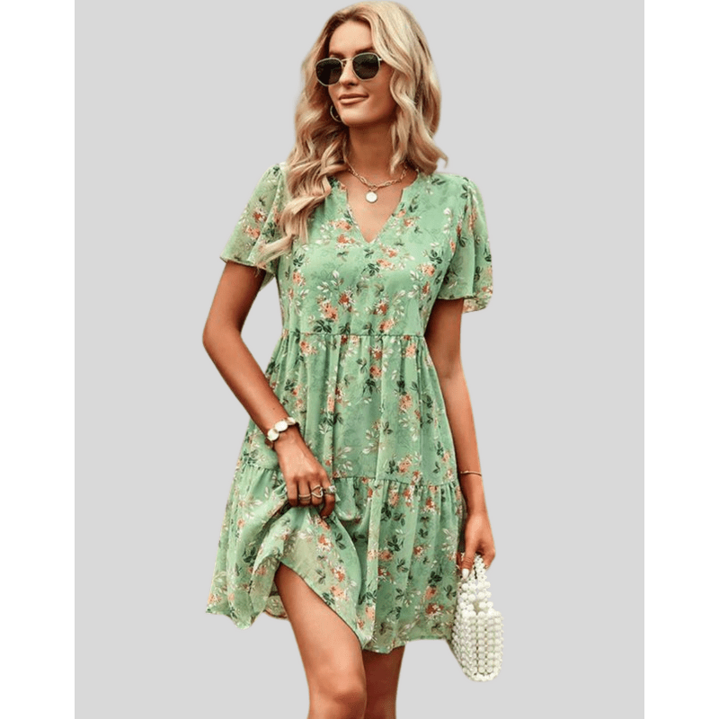 Bettina | Robe Fleurie à Manches Courtes et Col en V pour Femme | Mini - Looksy