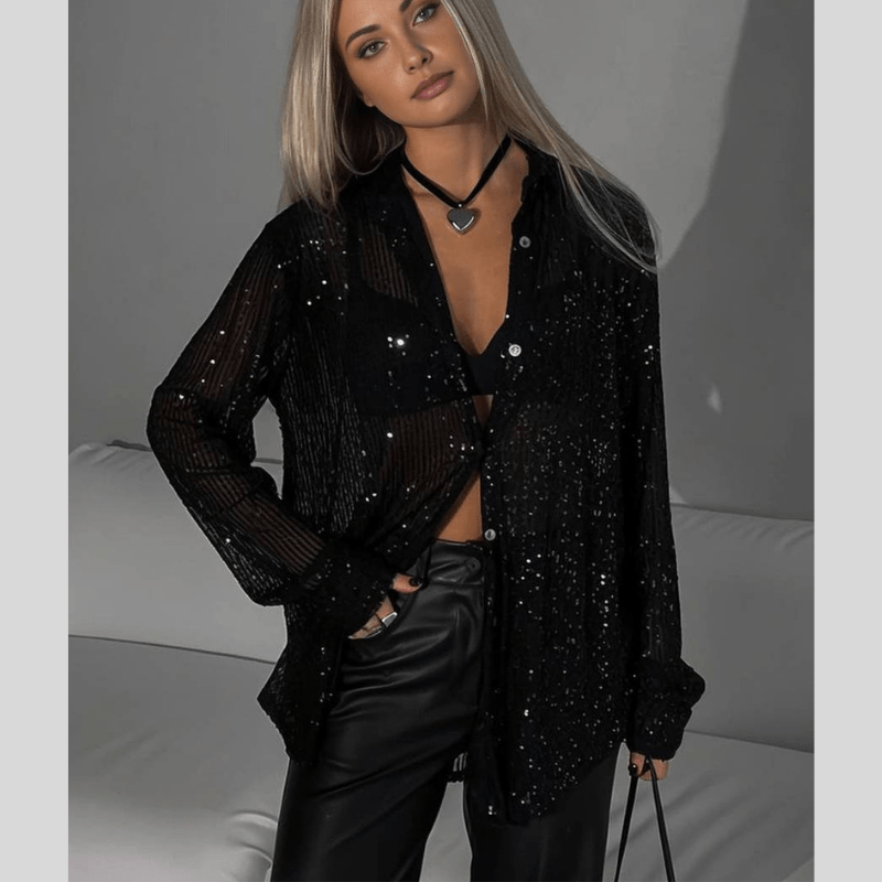 Bronwyn | Chemise Pailletée Scintillante Femme | Boutonnée - Looksy