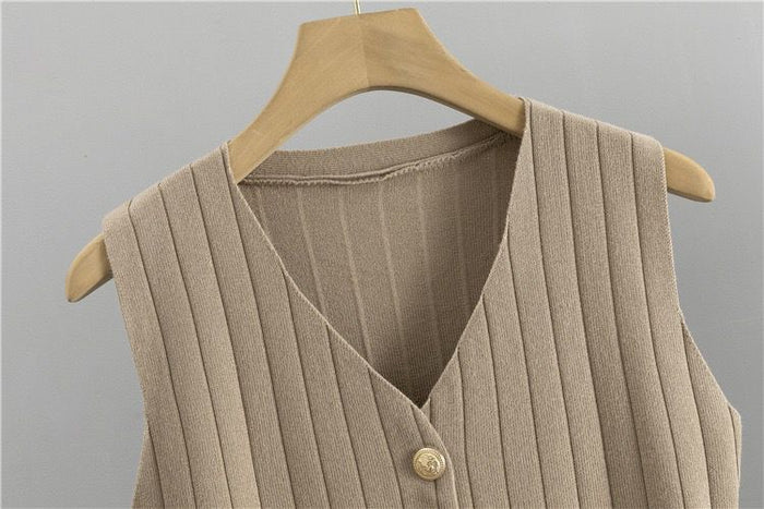Ensemble Tricot Femme 3 Pièces Beige Maille Côtelée - Pantalon Large Chic