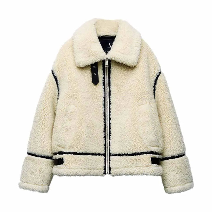 Veste Aviateur Femme Effet Mouton Beige - Doublure Chaude Style Rétro