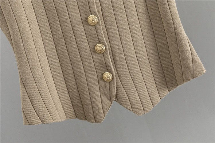 Ensemble Tricot Femme 3 Pièces Beige Maille Côtelée - Pantalon Large Chic