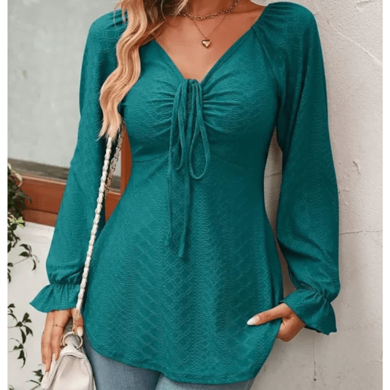 Elvire | Blouse d'Été Texturée à Col en V Pour Femme | Manches Longues - Looksy