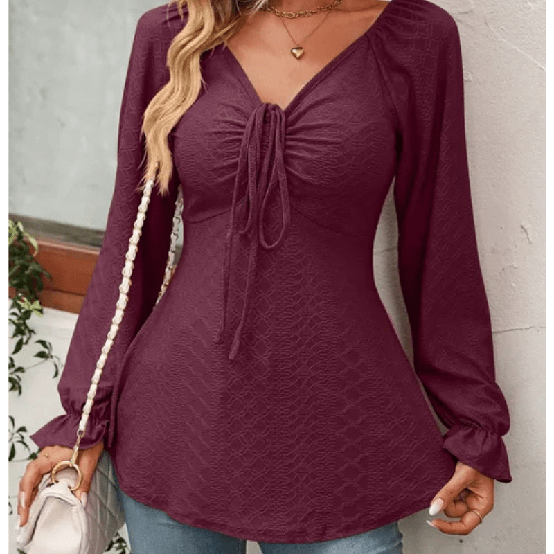 Elvire | Blouse d'Été Texturée à Col en V Pour Femme | Manches Longues - Looksy