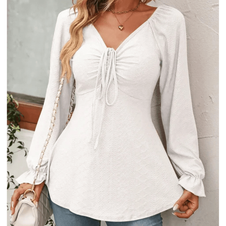 Elvire | Blouse d'Été Texturée à Col en V Pour Femme | Manches Longues - Looksy