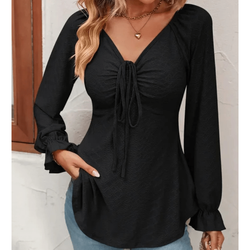 Elvire | Blouse d'Été Texturée à Col en V Pour Femme | Manches Longues - Looksy