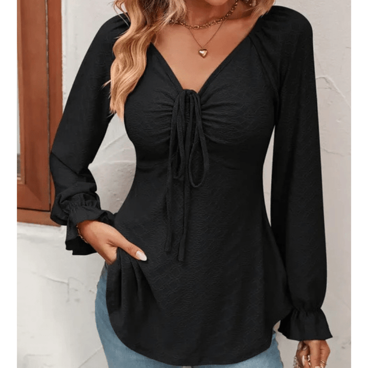 Elvire | Blouse d'Été Texturée à Col en V Pour Femme | Manches Longues - Looksy