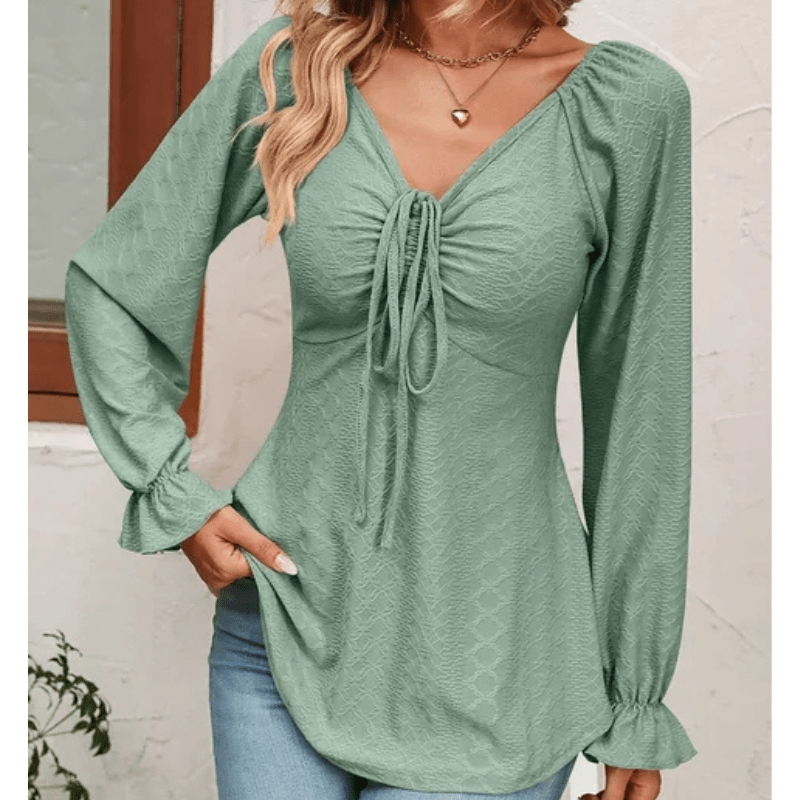 Elvire | Blouse d'Été Texturée à Col en V Pour Femme | Manches Longues - Looksy