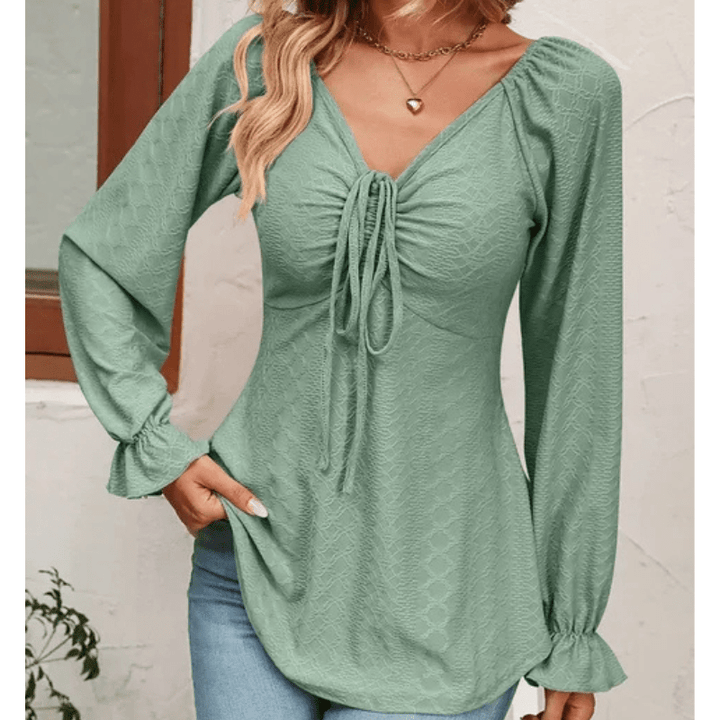 Elvire | Blouse d'Été Texturée à Col en V Pour Femme | Manches Longues - Looksy