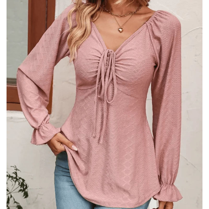 Elvire | Blouse d'Été Texturée à Col en V Pour Femme | Manches Longues - Looksy