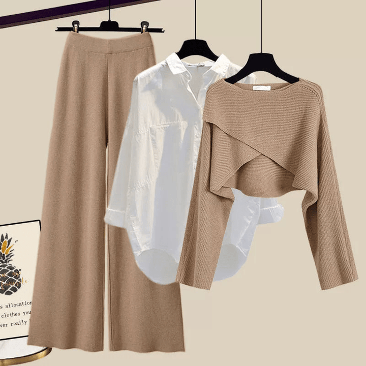 Estelle | Ensemble Chic Femme avec Pantalon Évasé, Blouse et Pull | Trois Pièces - Looksy
