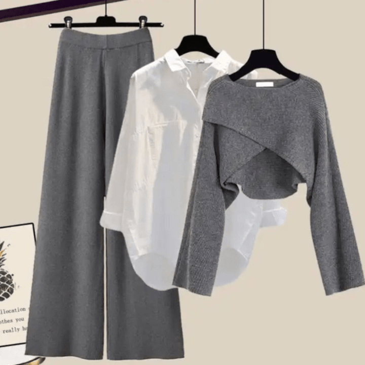 Estelle | Ensemble Chic Femme avec Pantalon Évasé, Blouse et Pull | Trois Pièces - Looksy