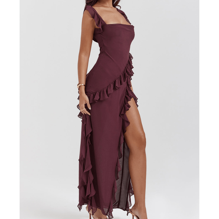 Evette | Robe Fendue à Volants Asymétrique d'Été Femme | Maxi - Looksy