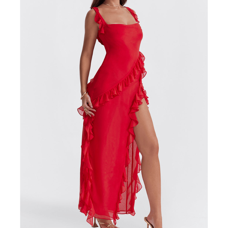 Evette | Robe Fendue à Volants Asymétrique d'Été Femme | Maxi - Looksy
