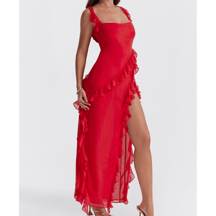 Evette | Robe Fendue à Volants Asymétrique d'Été Femme | Maxi - Looksy