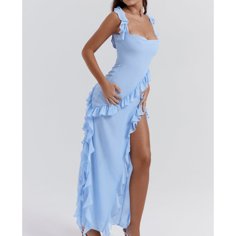 Evette | Robe Fendue à Volants Asymétrique d'Été Femme | Maxi - Looksy