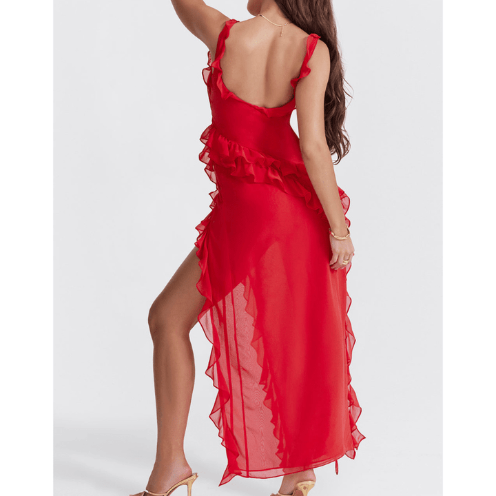 Evette | Robe Fendue à Volants Asymétrique d'Été Femme | Maxi - Looksy